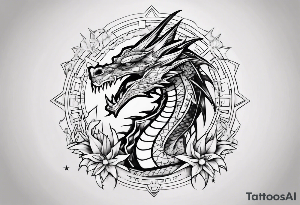 Dragón with the sun tattoo idea
