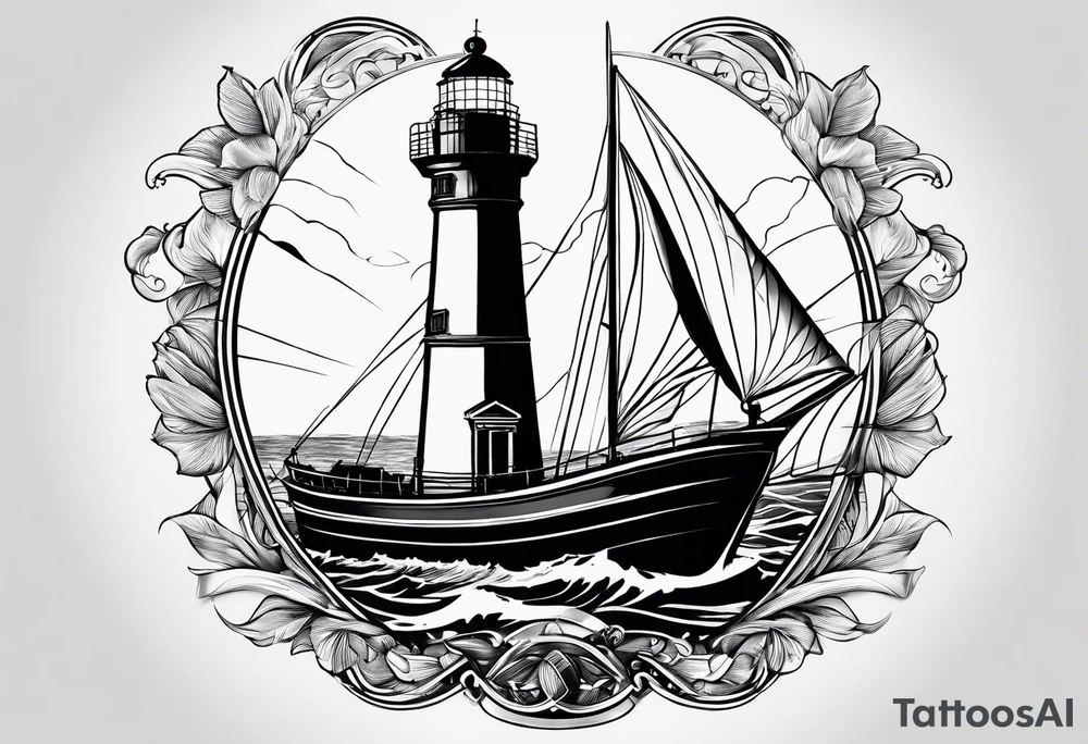 phare maritime dans un bateau entouré de voiles. tattoo idea