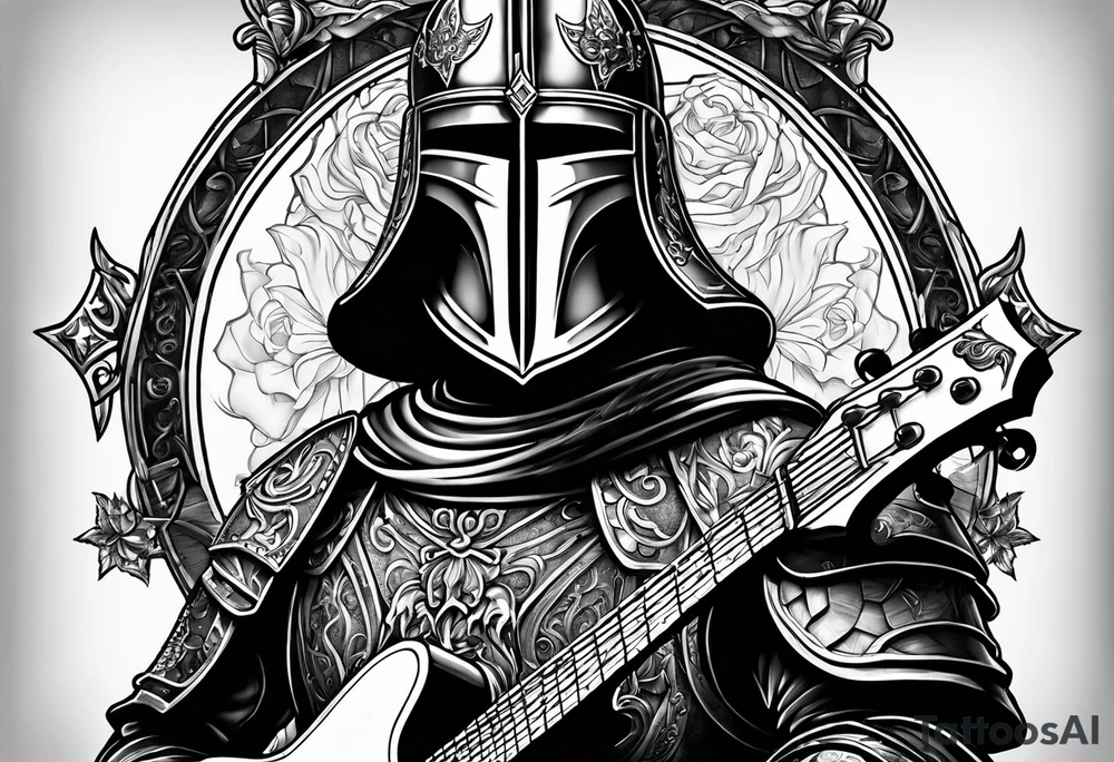 Armor of god knight with guitar necklace tattoo idea
