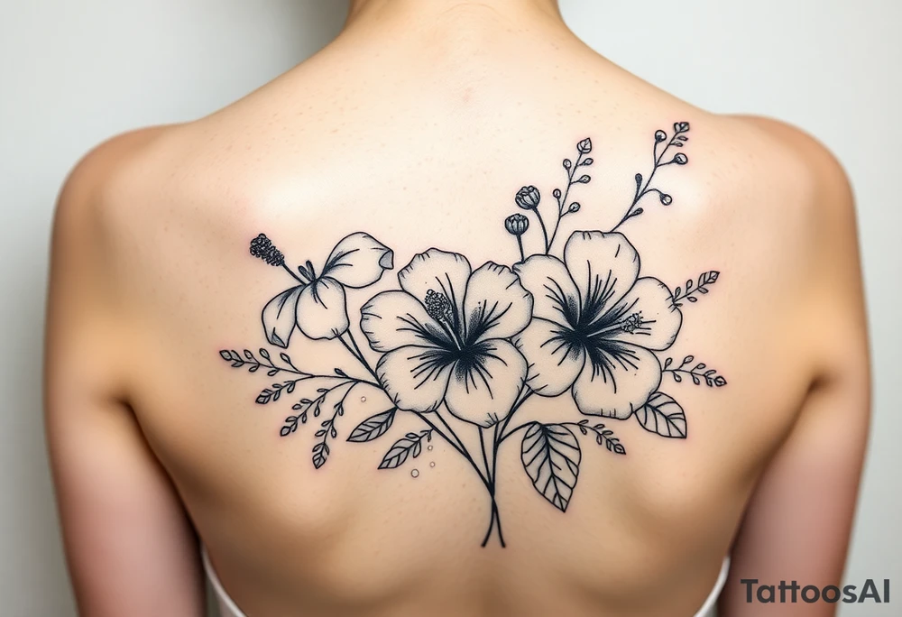 vintage bouquet of wild hibiscus
 and meadow flowers with morning dew tattoo idea