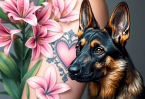 realistic german shepherd with alert ears looking protective surrounded by pink lilies with large leaves in front of a sacred heart tattoo idea