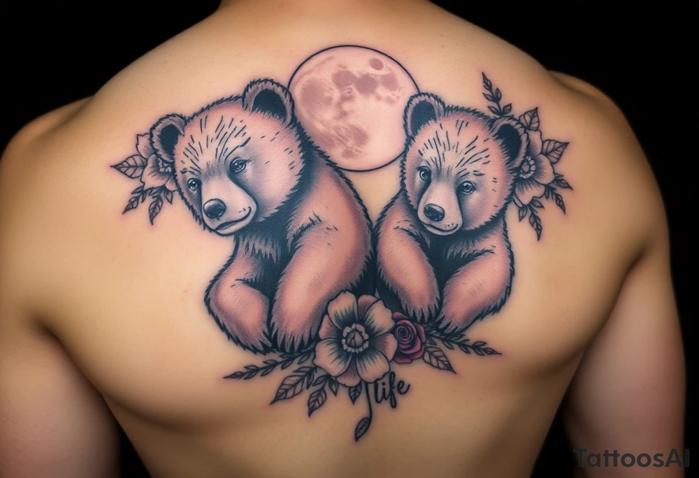 Tattoo, two realsistic baby brown bears, moon, colored carnations and vines, 9-28-14, "Bear is life" tattoo idea