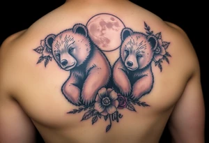 Tattoo, two realsistic baby brown bears, moon, colored carnations and vines, 9-28-14, "Bear is life" tattoo idea