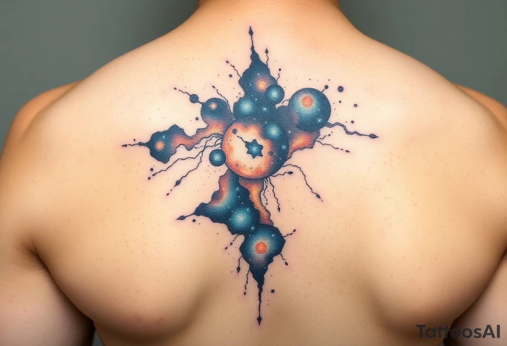 The galaxy using negative spaces with hints of blue and copper tattoo idea