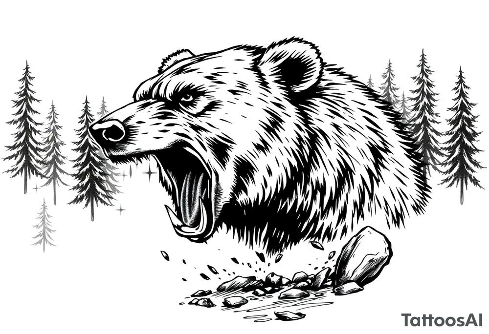 roaring bear,forest,river. tattoo idea
