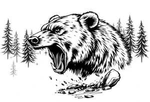 roaring bear,forest,river. tattoo idea