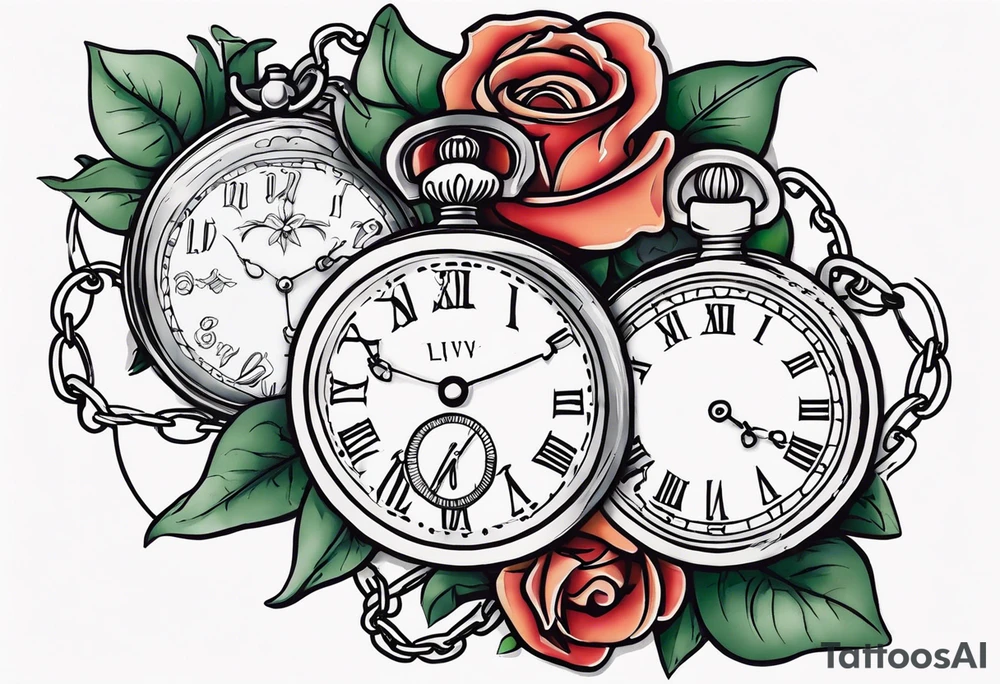 Two pocket watches linked together by a chain spelling "Lyv". Roses and lilies in the background tattoo idea