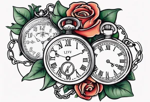 Two pocket watches linked together by a chain spelling "Lyv". Roses and lilies in the background tattoo idea