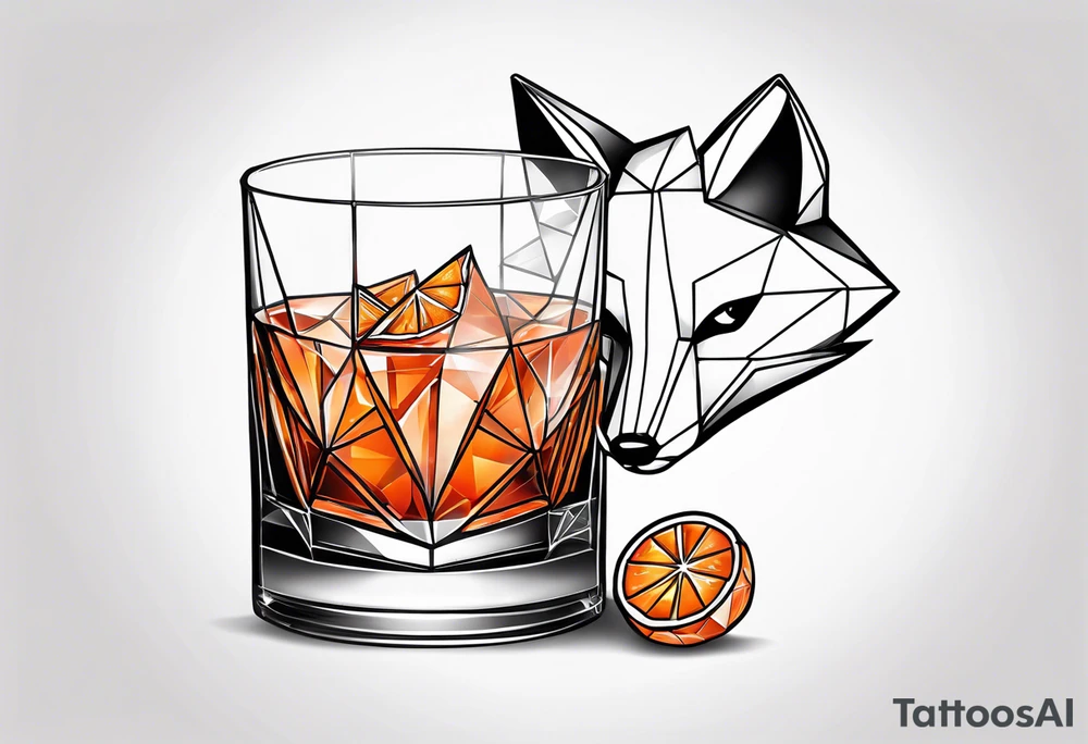 Geometric disco fox with one Negroni in short lowball cocktail glass with ice and orange peel tattoo idea