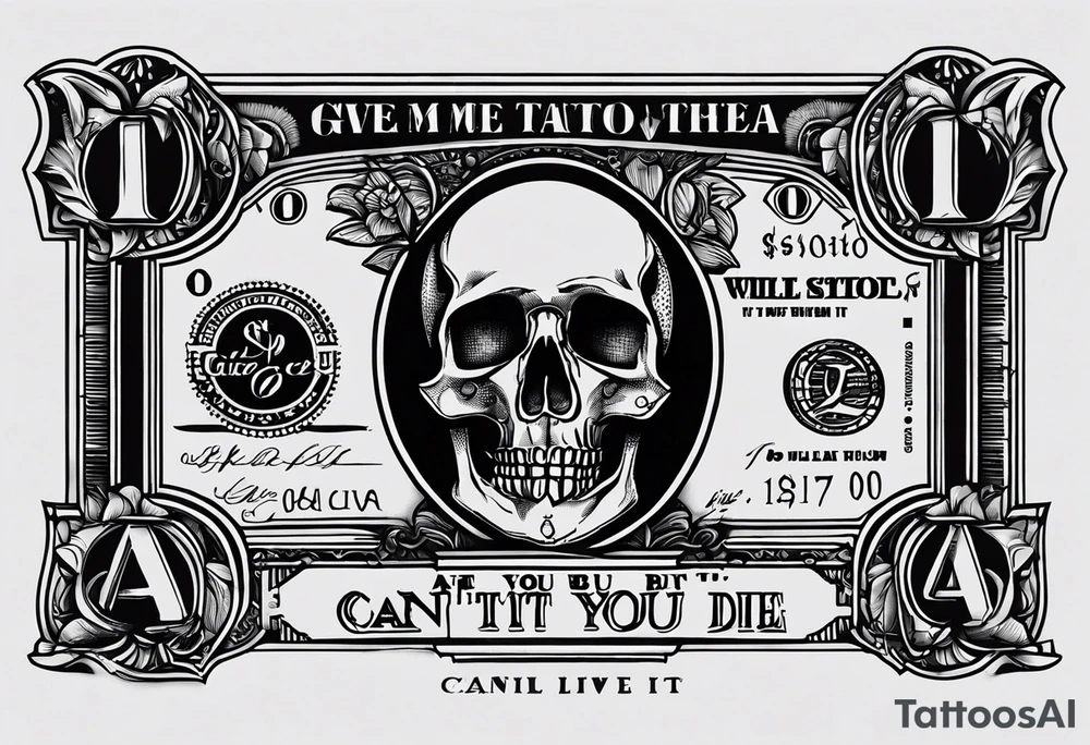 Give me a tattoo idea with a dollar bill being the center point and the quote”Can’t take it when you die, but you can’t live without it” tattoo idea