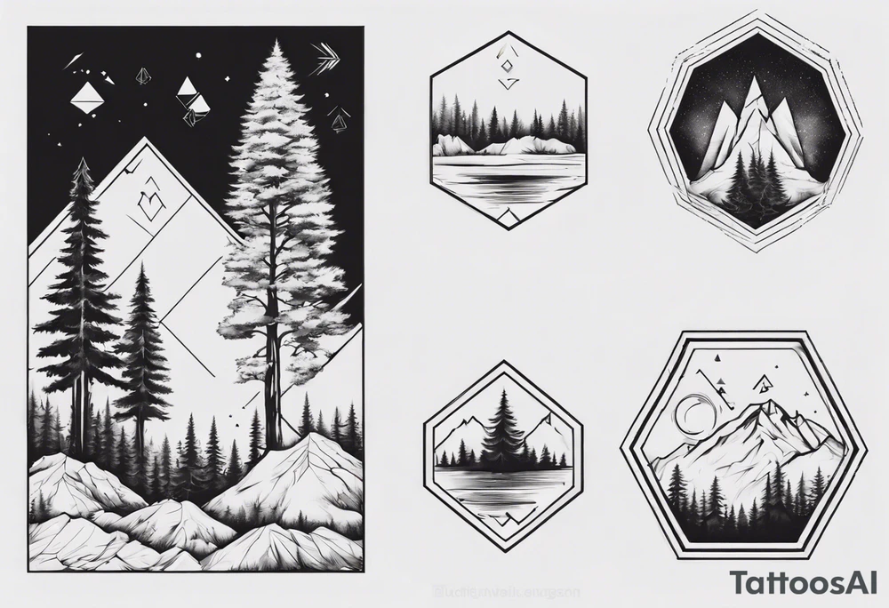 A hexagon with a coniferous forest extending beyond the boundary of the figure tattoo idea