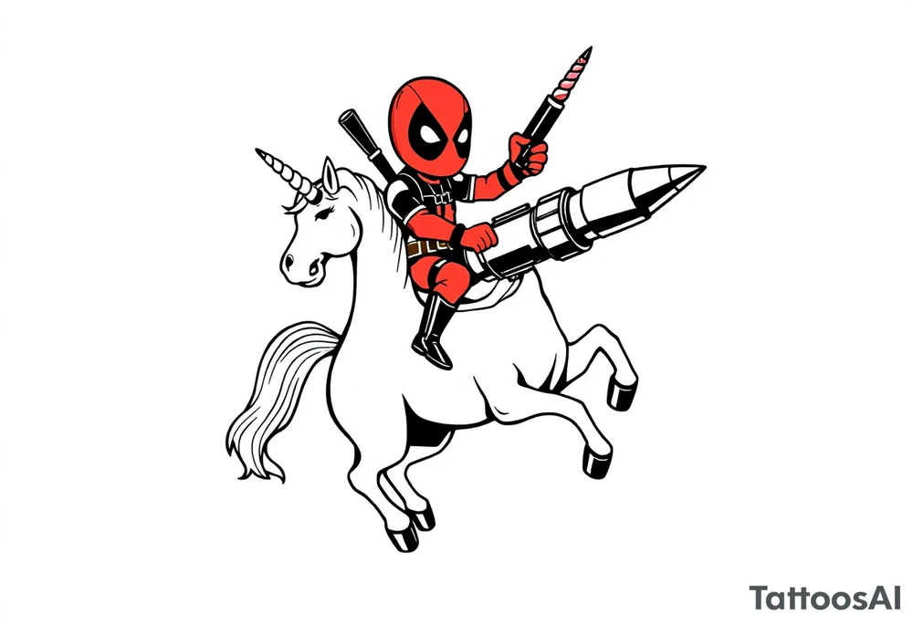 Deadpool riding cartoon unicorn holding Russian era Rocket tattoo idea