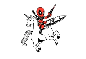 Deadpool riding cartoon unicorn holding Russian era Rocket tattoo idea