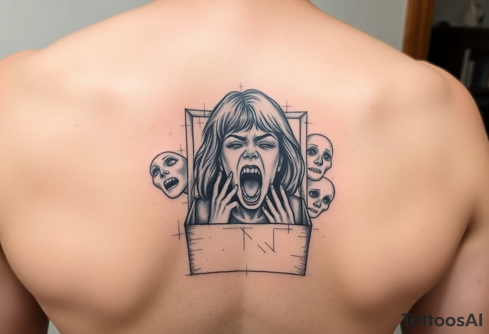a girl trapped in a box trying to get out  almost like she’s suffocating with faces with no eyes around her screaming tattoo idea