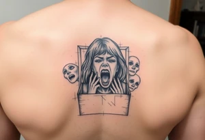 a girl trapped in a box trying to get out  almost like she’s suffocating with faces with no eyes around her screaming tattoo idea