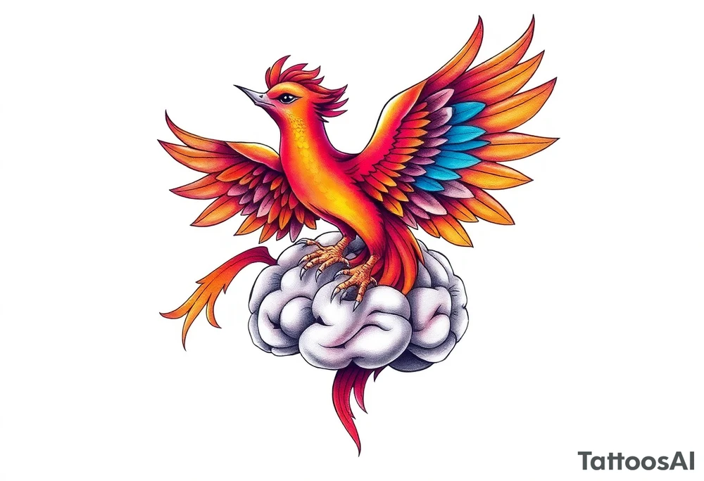 Colorful phoenix flying out of a brain with 3-16-24 tattoo idea