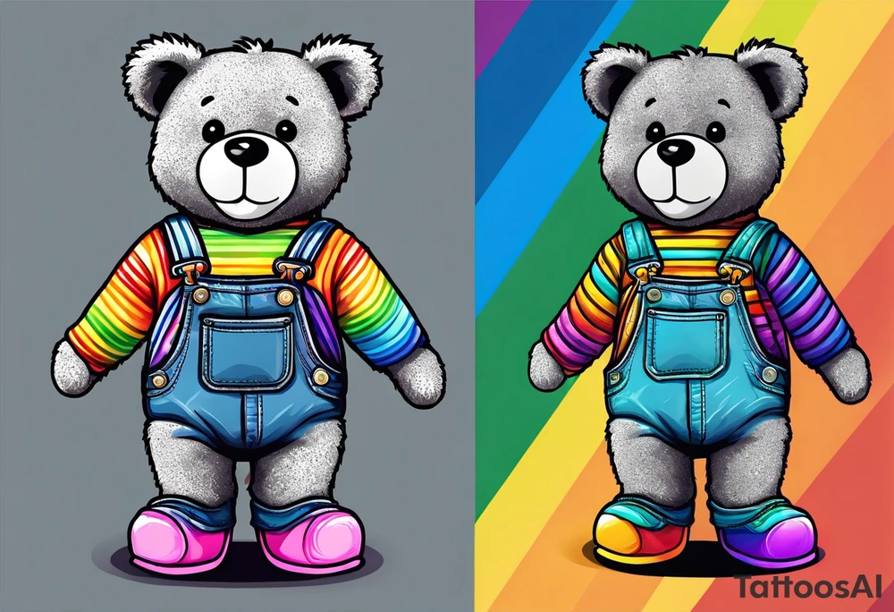 the back image of a grey teddy bear standing in rainbow overalls, white tank top, striped boots and holding his left arm up to hold a hand tattoo idea