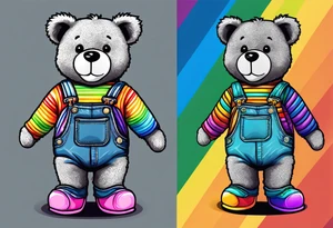the back image of a grey teddy bear standing in rainbow overalls, white tank top, striped boots and holding his left arm up to hold a hand tattoo idea