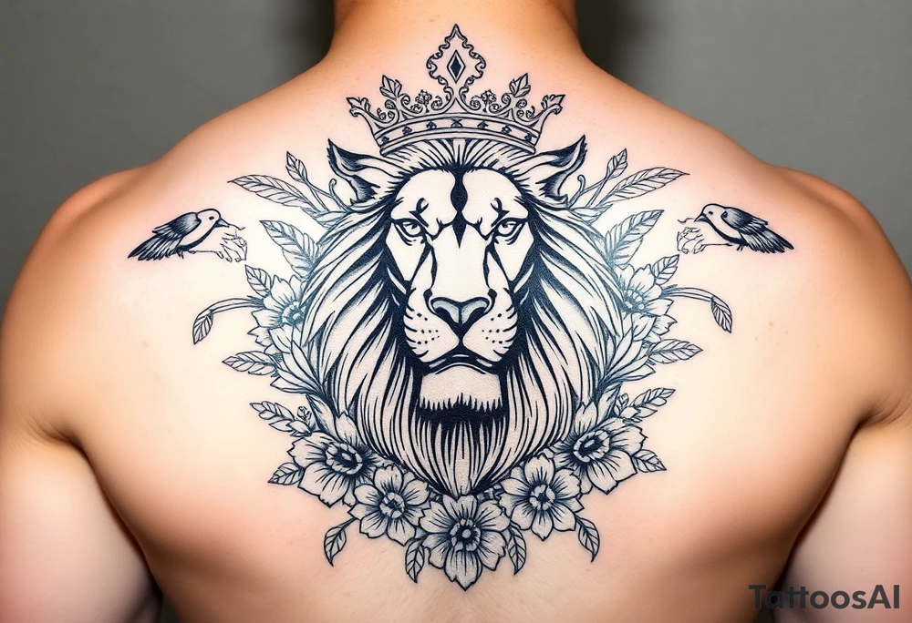 powerful majestic lion with a crown, surrounded by floral ornaments and birds tattoo idea