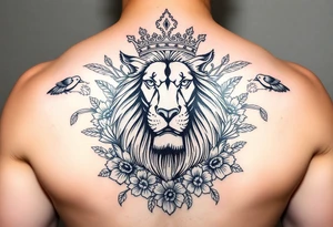 powerful majestic lion with a crown, surrounded by floral ornaments and birds tattoo idea