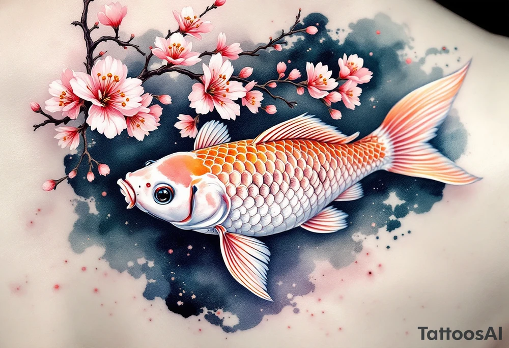 A carp swimming beneath a branch of cherry blossoms, combining nature’s beauty with soft pinks and golden scales. tattoo idea