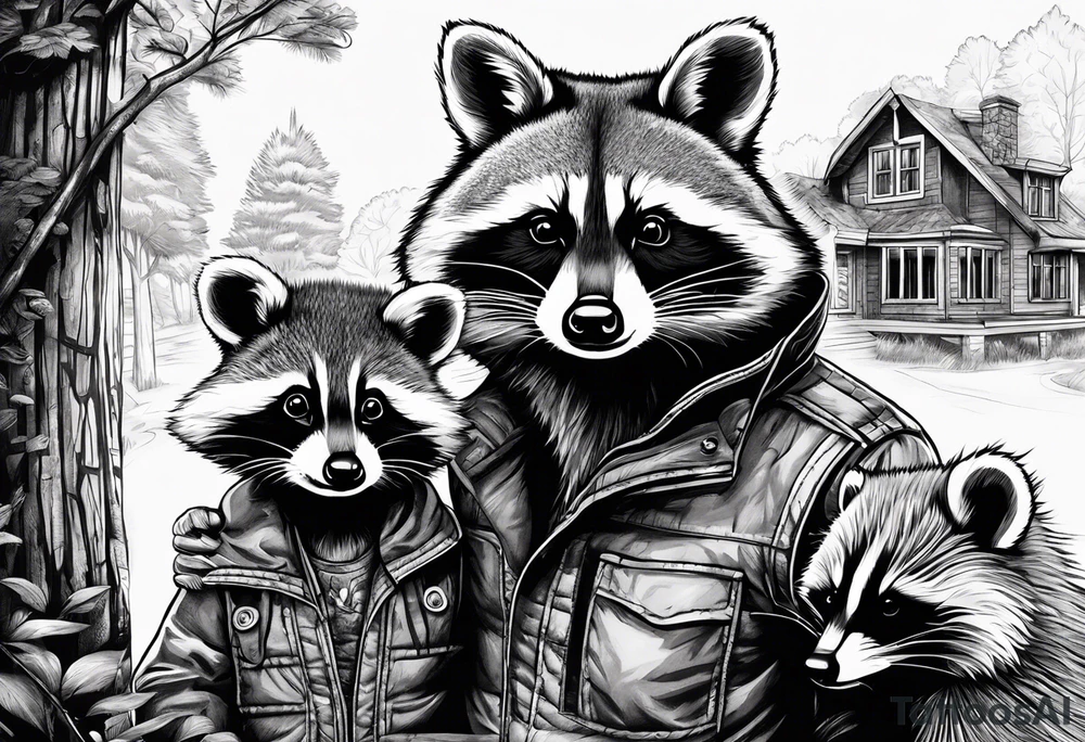 Very detailed Raccoon Husband with wife and child.
Background modern House between woods tattoo idea