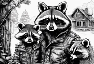Very detailed Raccoon Husband with wife and child.
Background modern House between woods tattoo idea