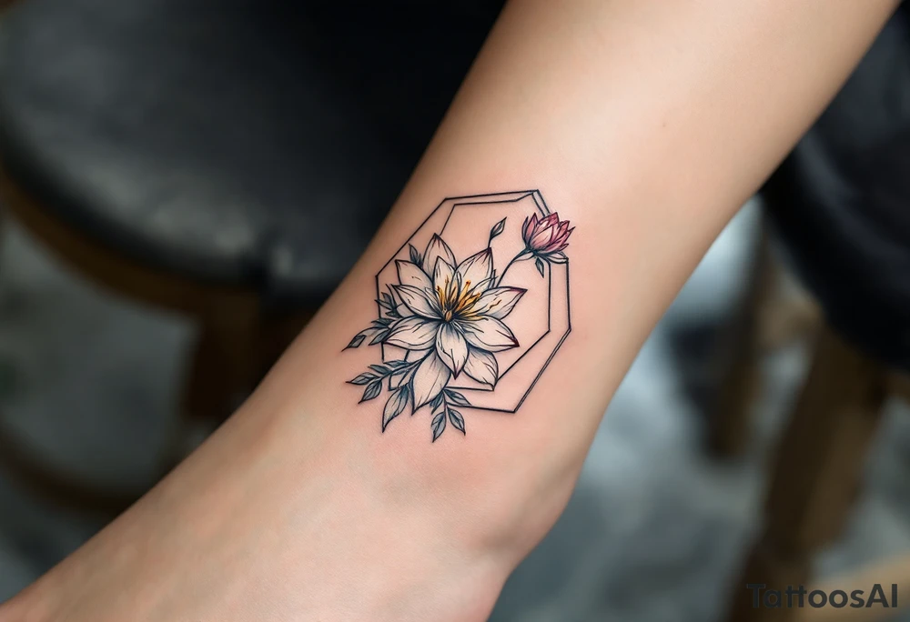 Leo, larkspur and water lily surrounded by a hexagon tattoo idea