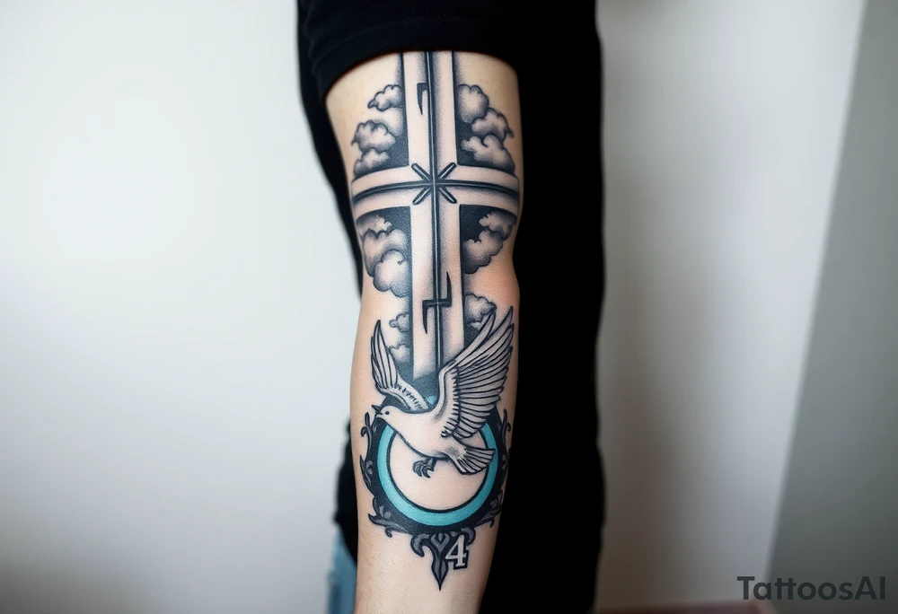 Big cross with clouds in the back everywhere  with a dove a the bottom left of the forearm with a blue circle ring it and the number 4 to the of the dove with whole tattoo covering the whole forearm and add fire and make sophisticated tattoo idea