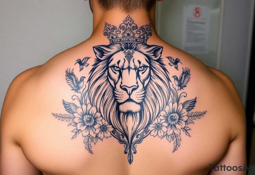 powerful majestic lion with a crown, surrounded by floral ornaments and birds tattoo idea
