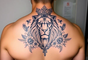 powerful majestic lion with a crown, surrounded by floral ornaments and birds tattoo idea