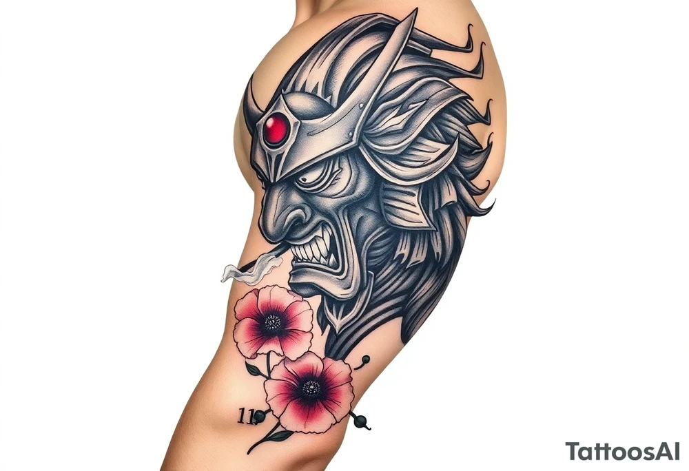 Ronin with smoke coming out of its mouth with 11b tattooed under its left eye with 1 poppy on each side of the ronin tattoo idea