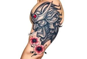 Ronin with smoke coming out of its mouth with 11b tattooed under its left eye with 1 poppy on each side of the ronin tattoo idea