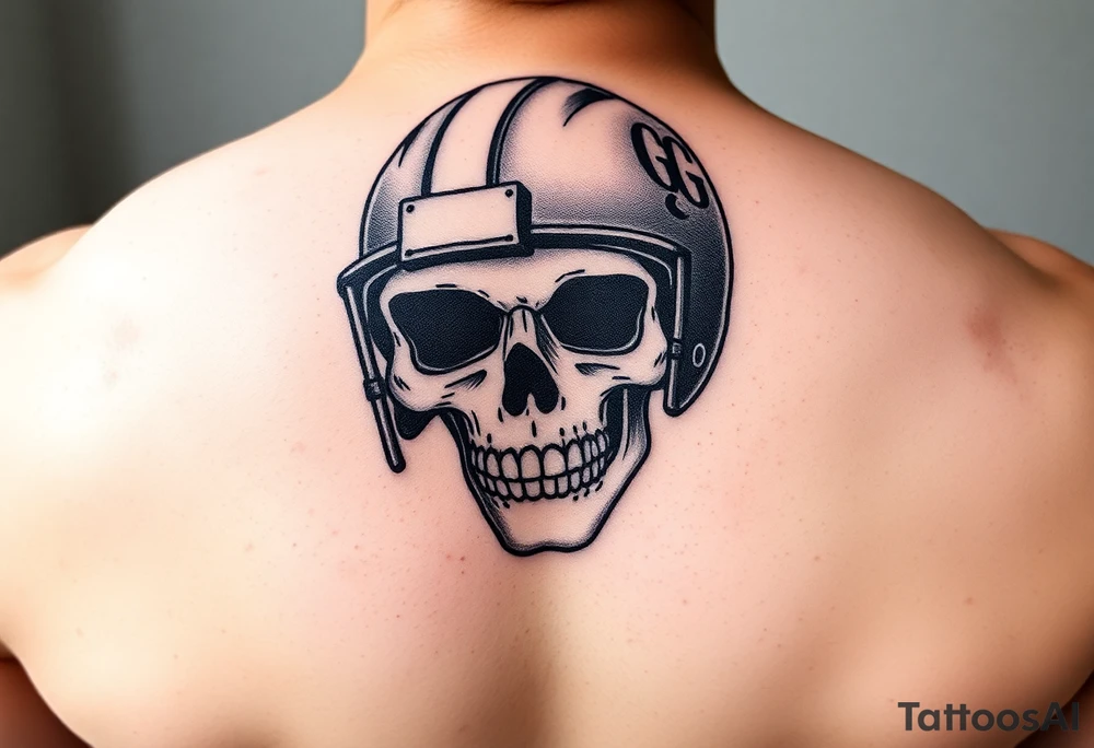 Skull wearing football helmet with initials GG tattoo idea