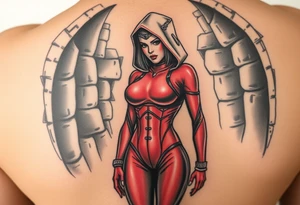 powerful female dominatrix wearing a red latex catsuit and full hood standing in a dungeon tattoo idea