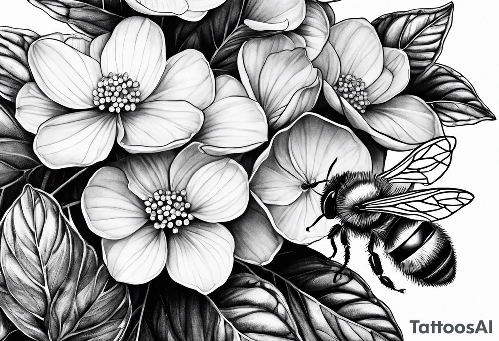 3 in by 2 in minimalist no color tattoo for forearm of a Hydrangea and bee tattoo idea