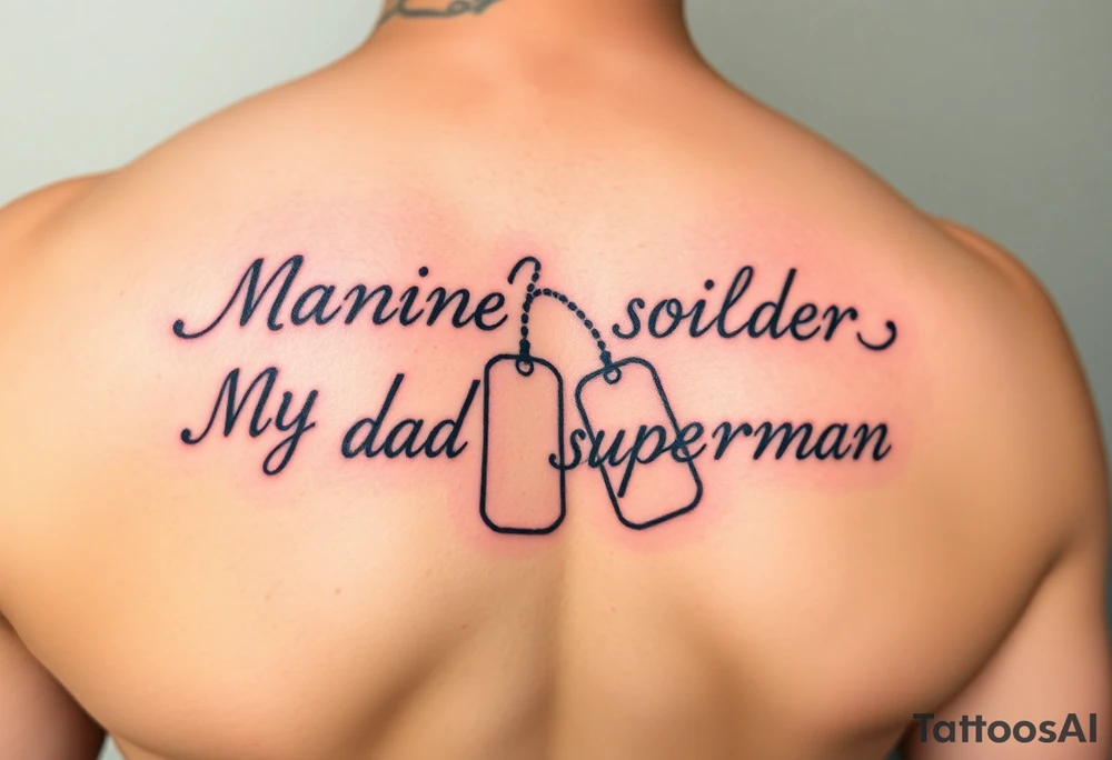 in pencil led draw "Marine soilder, my dad, my superman" inside military dogtags tattoo idea