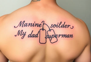 in pencil led draw "Marine soilder, my dad, my superman" inside military dogtags tattoo idea