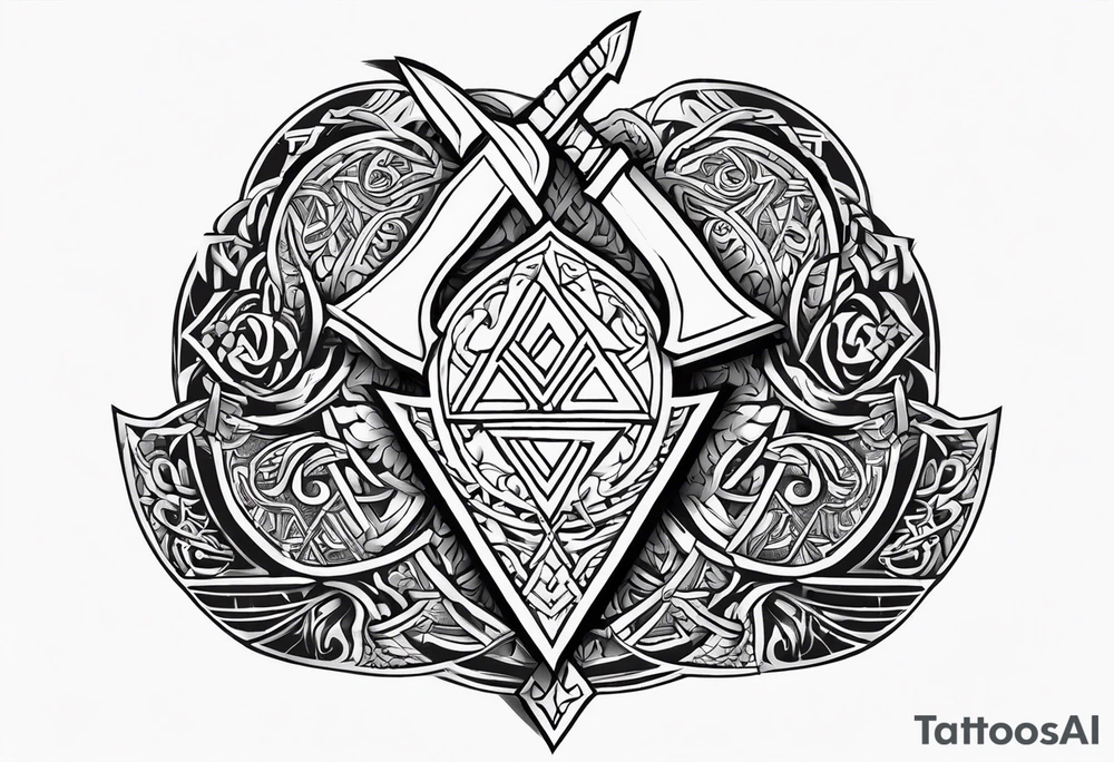 Valhalla sword shield axe Valknut chains tattoo idea