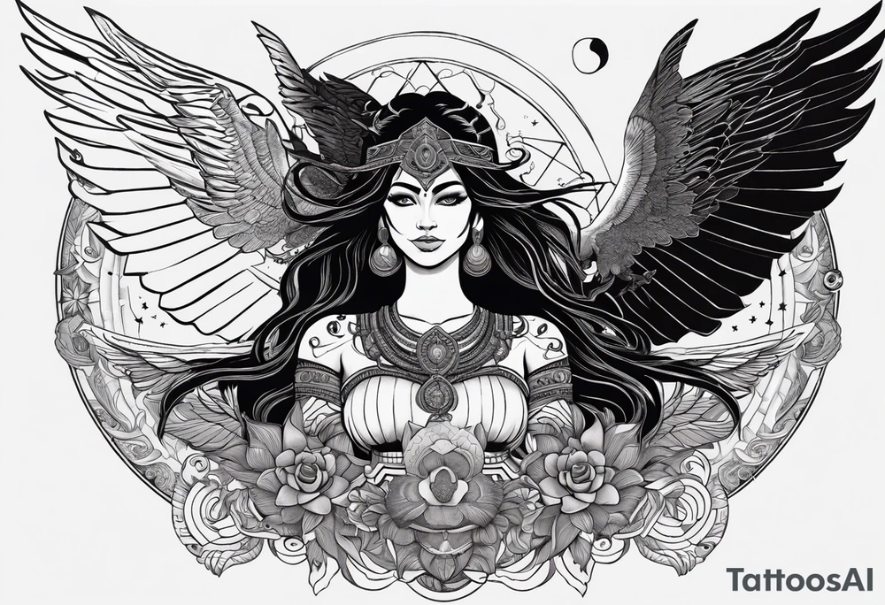 black kali, goddess pirate, alien, angel, pachamama, valkrye, warrior, flying, skull, lotus azul, wing, eagle, zenza resonance, stars, 5D, anahata chakra, death, durga, riding on a tiger, flying lady tattoo idea