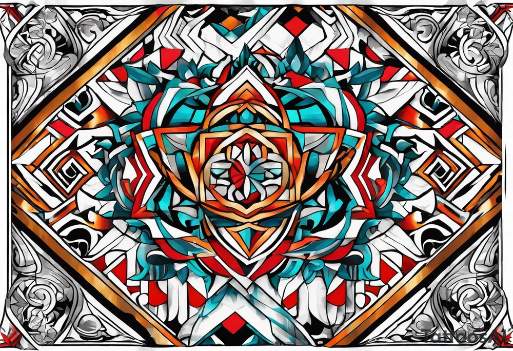 Bold geometric tapestry trident in colour on arm tattoo idea