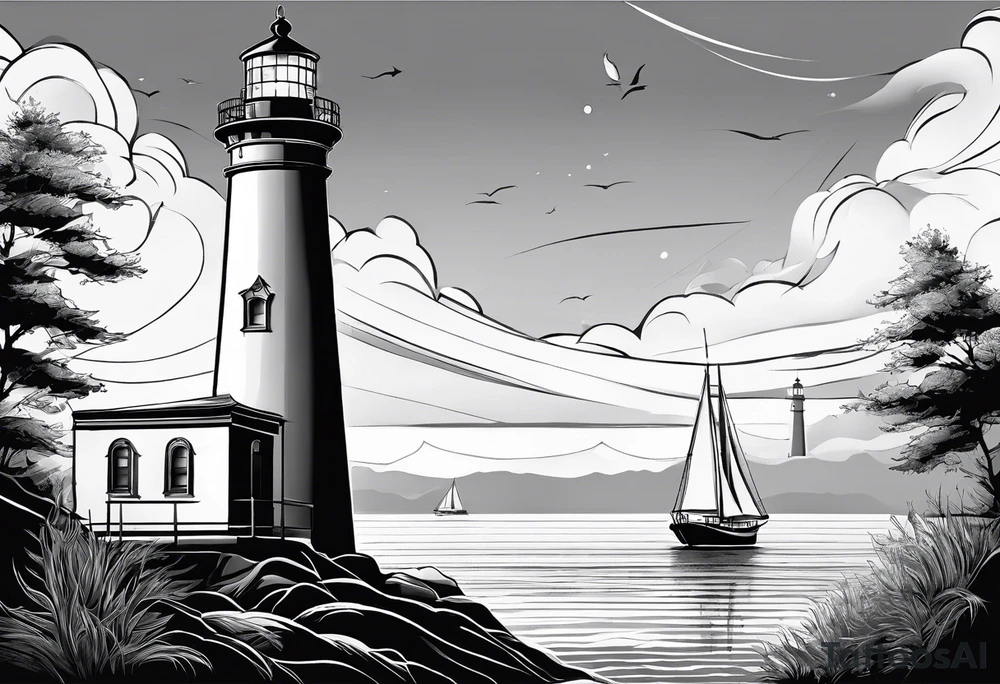 maritime lighthouse partially hidden by its large fixed sail. calm sea reflection. tattoo idea