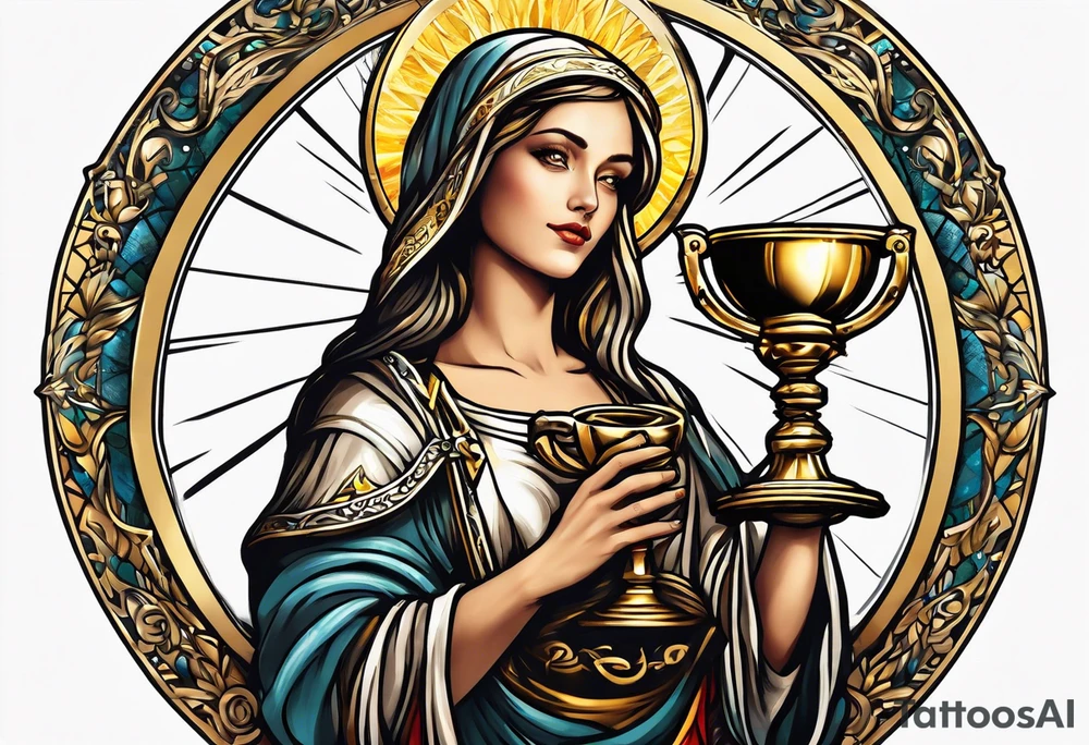 woman saint holding chalice surrounded by golden halo sideways tattoo idea