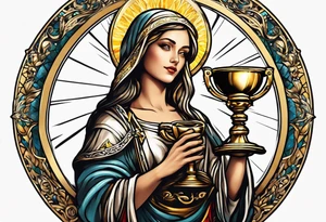 woman saint holding chalice surrounded by golden halo sideways tattoo idea