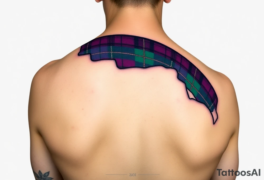 Side of arm Dark Purple with green pink blue and white highlights tartan fabric with flesh peeling away at edges tattoo idea