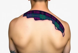 Side of arm Dark Purple with green pink blue and white highlights tartan fabric with flesh peeling away at edges tattoo idea