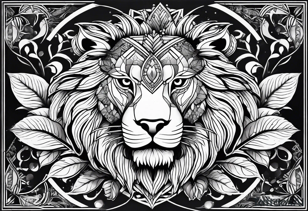 A lion, an owl, a set of balance scales, and a lotus leaf tattoo idea
