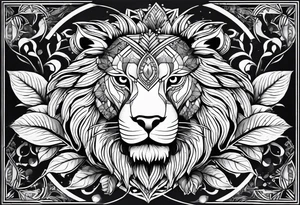 A lion, an owl, a set of balance scales, and a lotus leaf tattoo idea