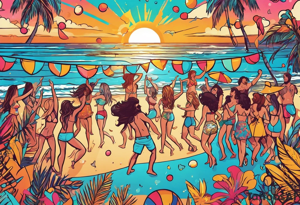 1970'S BEACH DANCE PARTY 
party, include confetti, music notes, 
, bikinis sunset in the center tattoo idea
