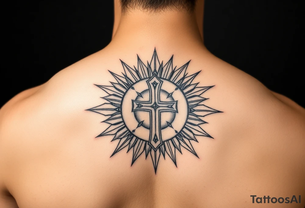 Exotic cross inside a solar circle tattoo idea